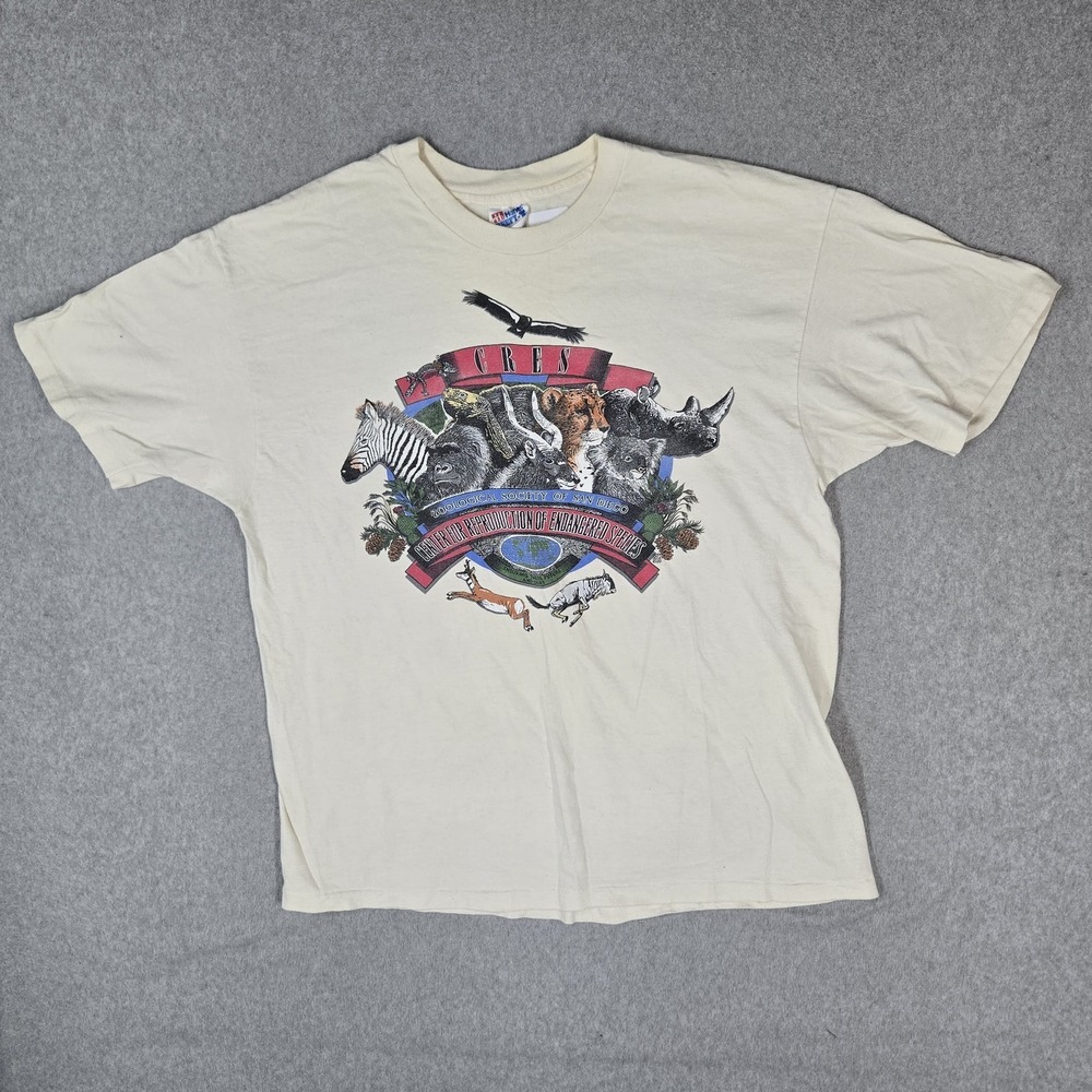 VINTAGE San Diego Zoo Men Shirt XL Cream 90s USA CRES Wildlife Animals